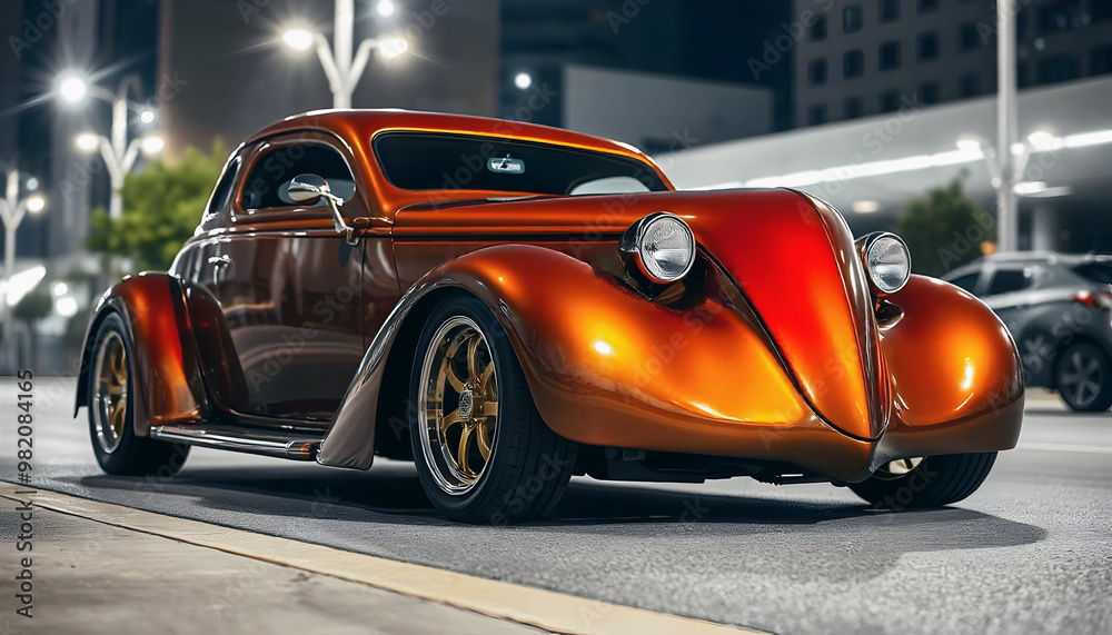 Beautiful unique red brown orange vintage hot rod car parked in the street at night, automotive background, tuning template, auto transport