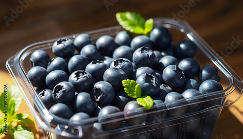Obraz na płótnie Closeup of organic blueberries in plastic packaging box, super foods, healthy fruit w salonie