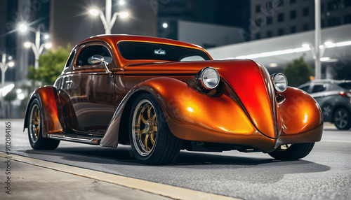 Obraz na płótnie Beautiful unique red brown orange vintage hot rod car parked in the street at night, automotive background, tuning template, auto transport w salonie