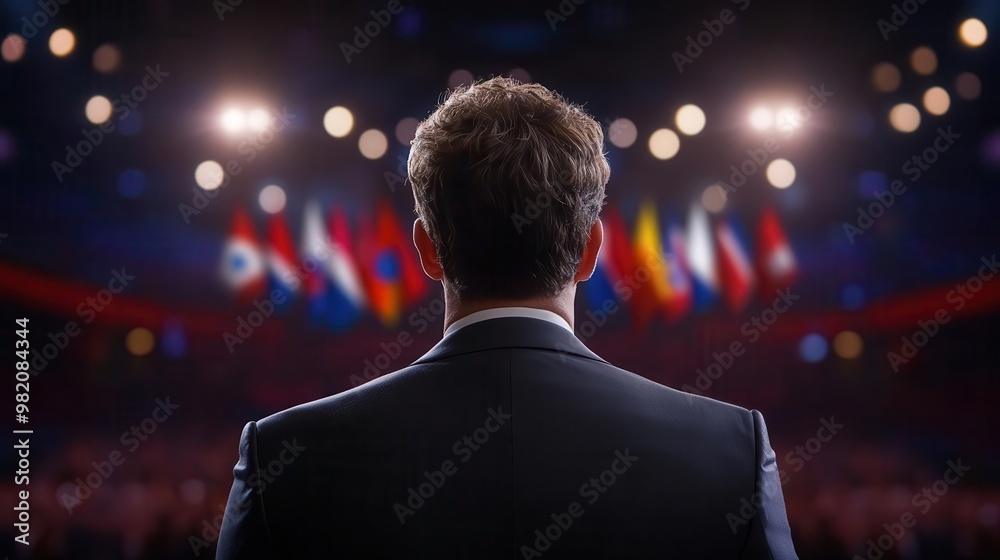 A poised speaker addresses an audience, flags of various nations visible in the background, symbolizing diplomacy and international dialogue. A poised speaker addresses an audience, flags of various nations visible in the background, symbolizing diplomacy and international dialogue.