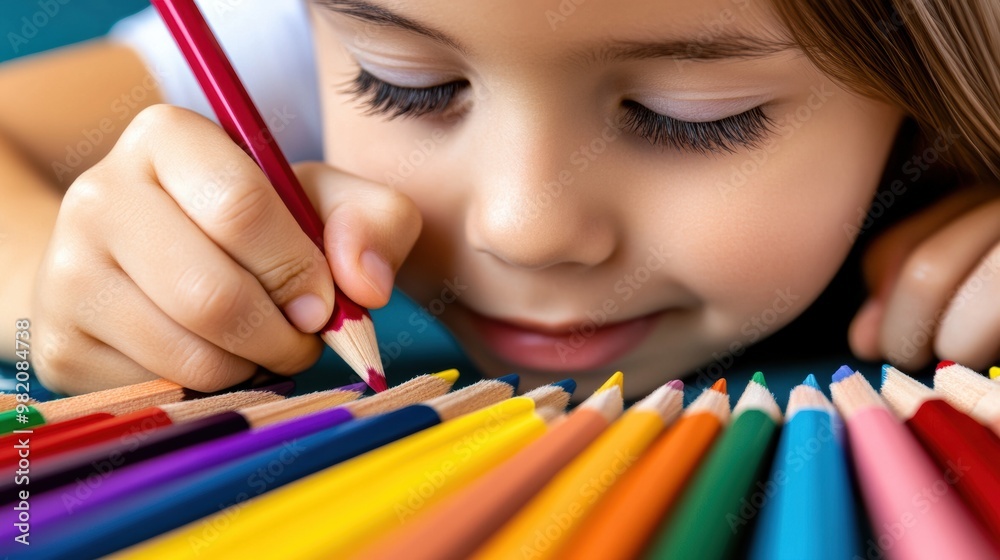 A young girl with a pencil in her hand looking at colored pencils, AI A young girl with a pencil in her hand looking at colored pencils, AI