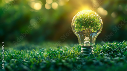 **Eco green energy system concept featuring a green tree inside a light bulb on a grassy background. Emphasizing the goal of net zero by 2050, surrounded by green energy icons and highlighting carbon 