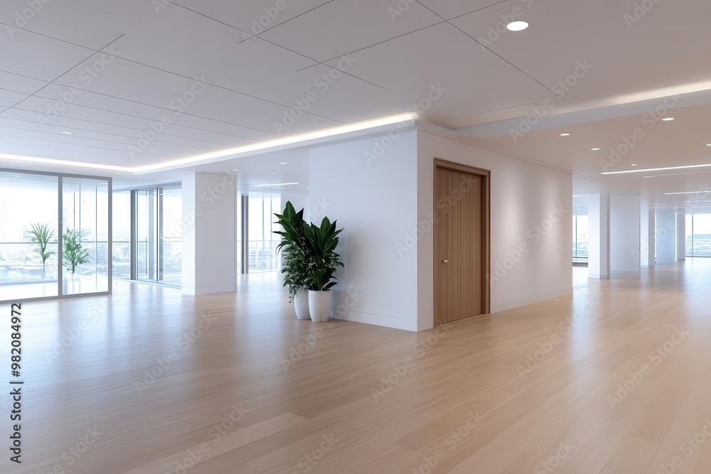 Fototapeta premium Modern office interior featuring spacious layout, natural light, and minimalist design with a touch of greenery.