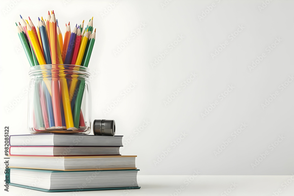 Books stacked with a jar of colorful pencils on top, isolated on white background Books stacked with a jar of colorful pencils on top, isolated on white background