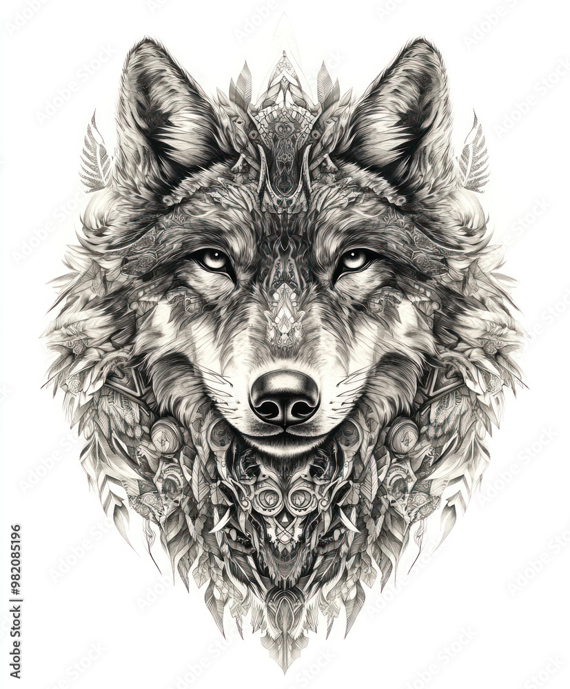 Fototapeta premium A detailed illustration of a wolf's head with intricate patterns and textures.