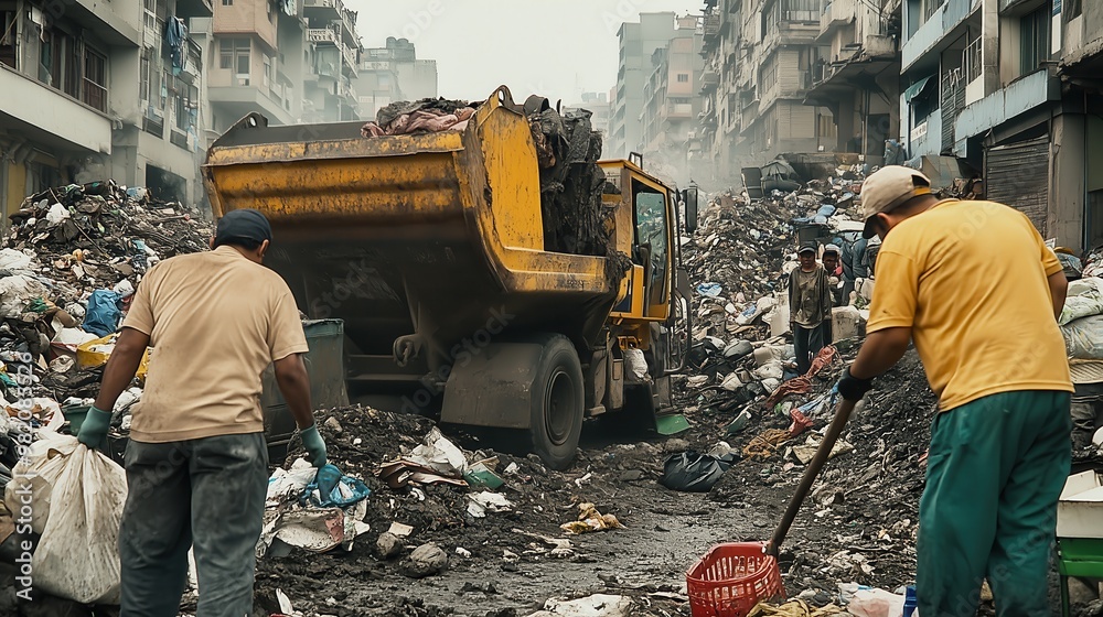 Dumping Tasks Workers and a dump truck removing large amounts of waste in an urban ...