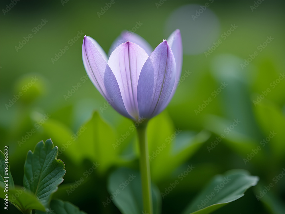 Delicate Lavender Blooming Flower with Soft Petals in Elegant Composition against Blurred Vibrant Green Foliage; Serene Ambiance and Sheen Enhanced by Soft Natural Light for Nature and Floral Delicate Lavender Blooming Flower with Soft Petals in Elegant Composition against Blurred Vibrant Green Foliage; Serene Ambiance and Sheen Enhanced by Soft Natural Light for Nature and Floral