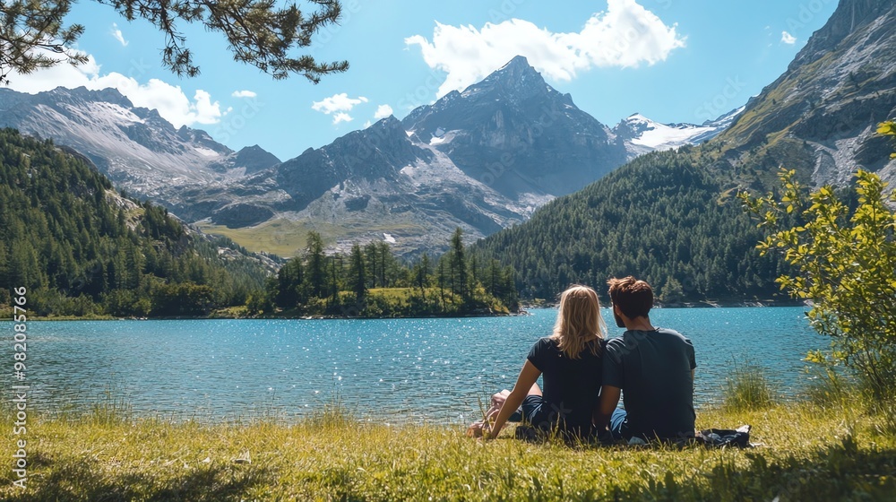 Couple sitting on a grassy lakeshore in front of a mountain range. Couple sitting on a grassy lakeshore in front of a mountain range.