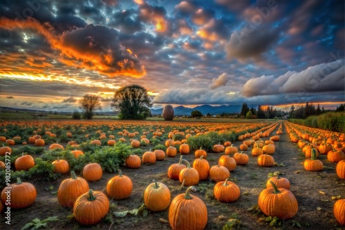 Picturesque pumpkin patch at sunset with vibrant orange pumpkins photo