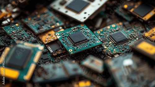 Close-up view of computer circuit boards collected for recycling, symbolizing e-waste management and the recovery of valuable materials in electronics.