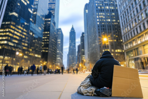 homeless person sitting with a black jacket and a cardboard empty sign, people walking in the city