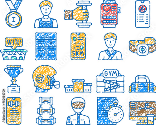 athlete sport equipment and award doodle icons set vector. sketch line art rugby player athlete protective helmet and sportive bag, fitness bracelet gadget exercise description contour illustrations