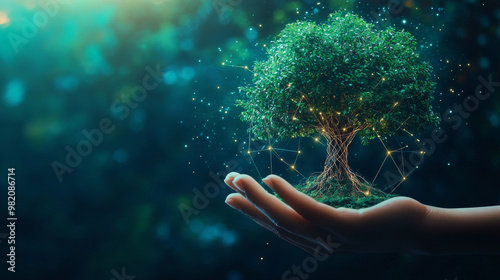 Net zero by 2050 concept focusing on ESG (Environmental, Social, and Governance) principles. Featuring a human hand holding a green tree icon, symbolizing eco-friendly energy systems.