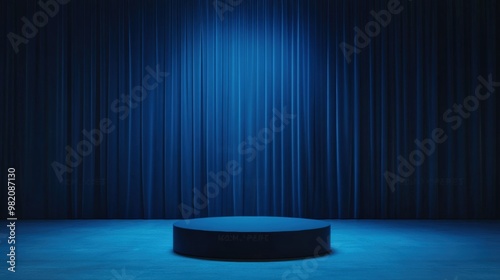 A dramatic stage scene featuring a circular podium illuminated by a soft blue light, ideal for performances or presentations. photo