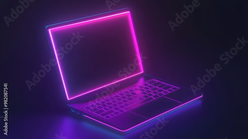 A laptop with neon pink and blue light outlines on a black background