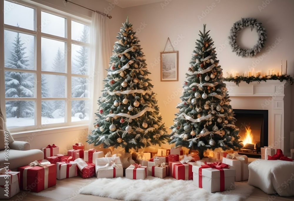 A snowy winter landscape with a beautifully decorated Christmas tree in the foreground, surrounded by wrapped gifts and a peaceful, serene atmosphere. A snowy winter landscape with a beautifully decorated Christmas tree in the foreground, surrounded by wrapped gifts and a peaceful, serene atmosphere.