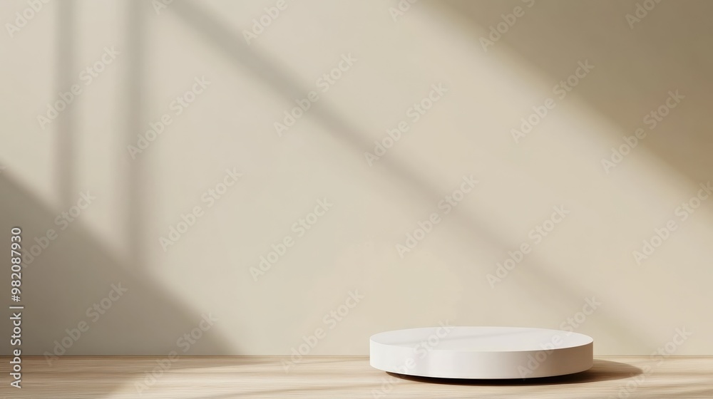A minimalistic scene showcasing a white circular pedestal on a wooden surface, bathed in soft natural light and shadows. A minimalistic scene showcasing a white circular pedestal on a wooden surface, bathed in soft natural light and shadows.