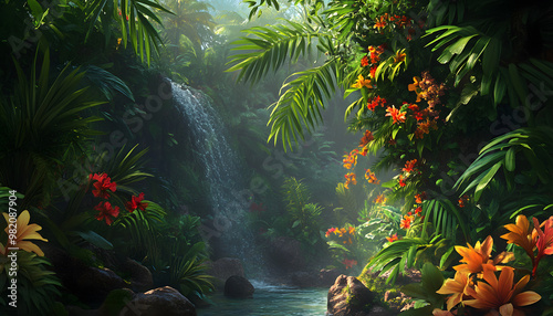 A lush jungle scene with vibrant green leaves and exotic flowers, bringing the warmth of the tropics to your screen