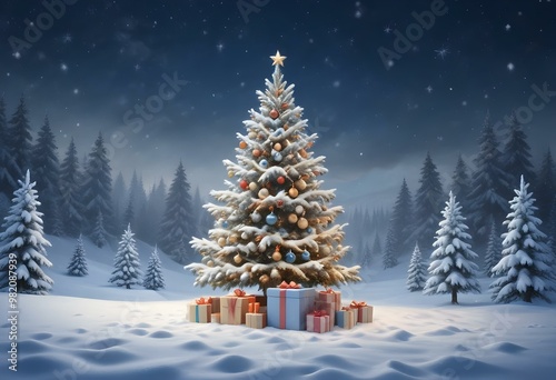 A snowy winter landscape with a beautifully decorated Christmas tree in the foreground, surrounded by wrapped gifts and a peaceful, serene atmosphere.