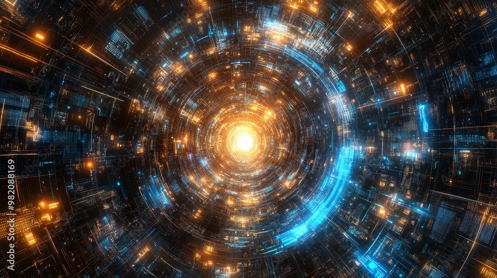 Futuristic Technology Tunnel, Digital Data Flow in Cyberspace. Big Data Concept, 3D Render. Futuristic Technology Tunnel, Digital Data Flow in Cyberspace. Big Data Concept, 3D Render.