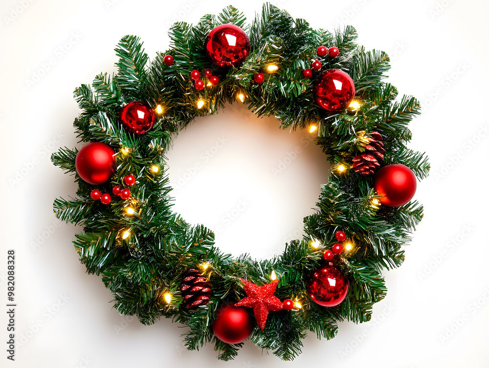 This festive Christmas wreath, crafted from lush pine branches and glowing lights, brings the warmth of the season to life, isolated on a crisp white background This festive Christmas wreath, crafted from lush pine branches and glowing lights, brings the warmth of the season to life, isolated on a crisp white background