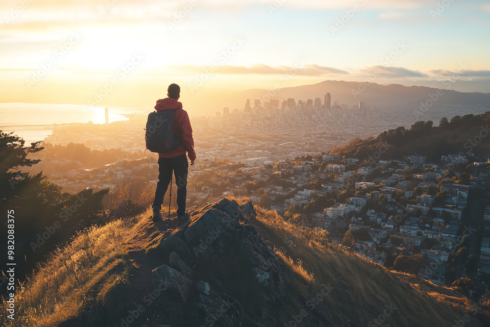Fototapeta premium Aerial View of Hiker on Hilltop with Distant Cityscape at Sunset 