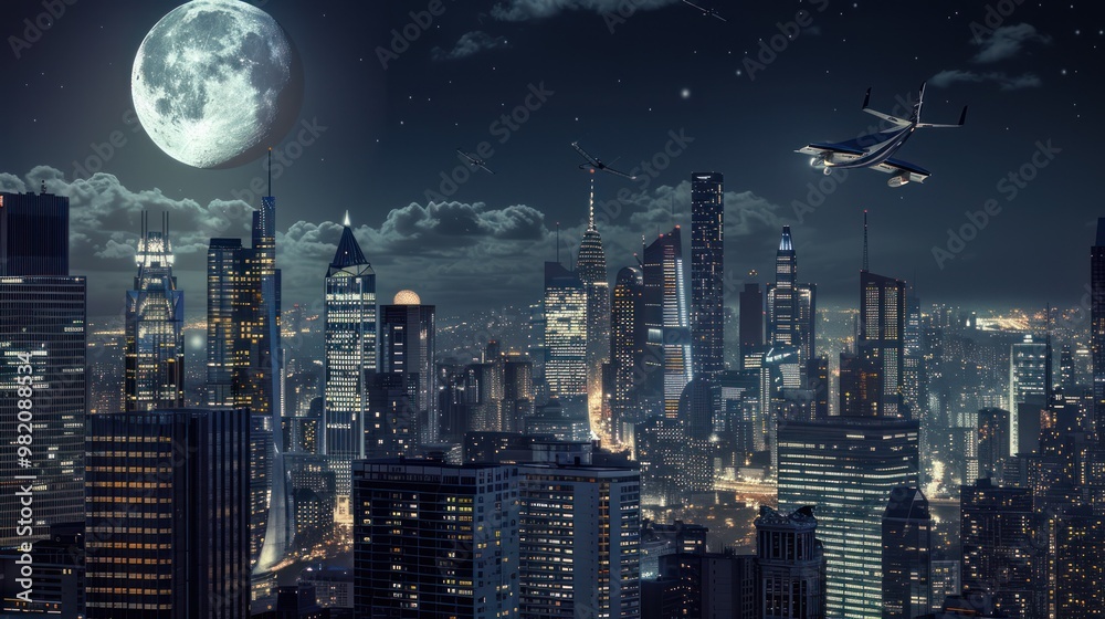 Obraz premium Night Cityscape with a Full Moon