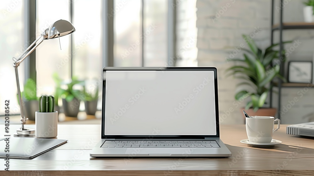 Modern Home Office Desk Setup with Laptop, Notebook, Coffee, and Desk Lamp - Minimalist Workspace with Plants Modern Home Office Desk Setup with Laptop, Notebook, Coffee, and Desk Lamp - Minimalist Workspace with Plants