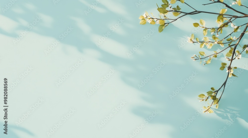 A serene branch with fresh green leaves casting soft shadows against a light blue background, evoking a peaceful atmosphere. A serene branch with fresh green leaves casting soft shadows against a light blue background, evoking a peaceful atmosphere.