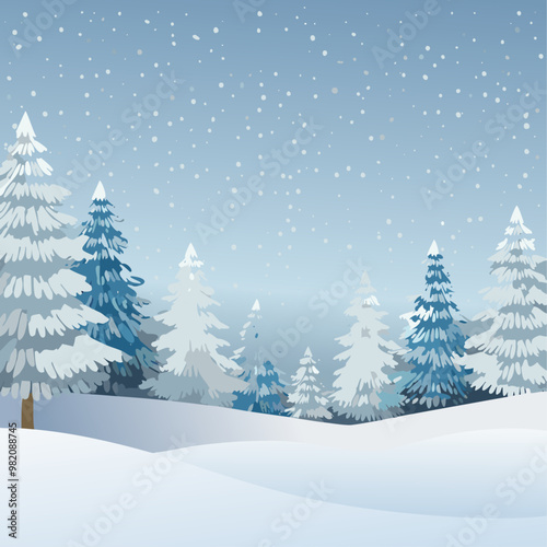 Snowy winter forest vector illustration. Fir trees and falling snow new year nature background