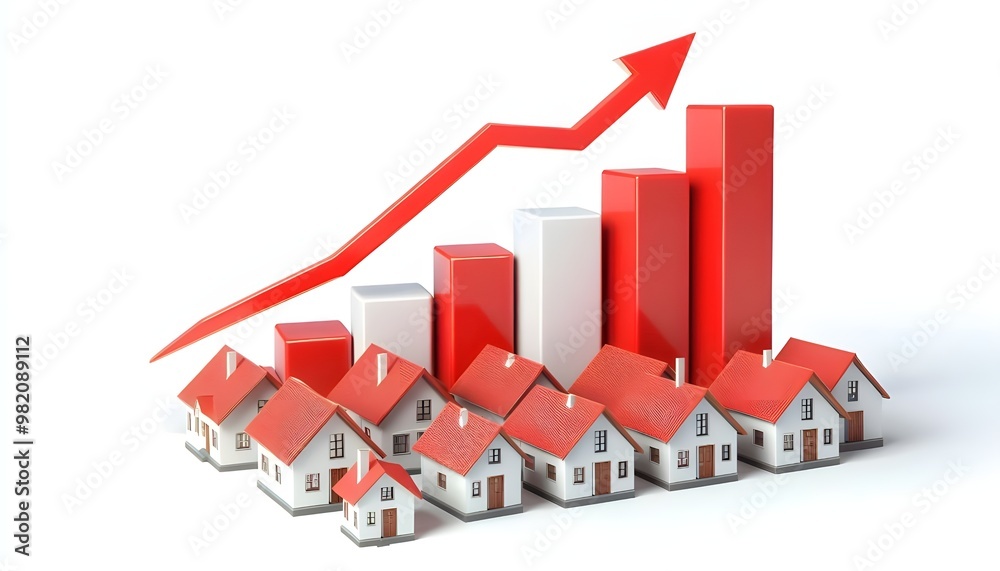 Image showing a red upward arrow, white bar graph, and small houses with red roofs. Isolated on a white background. Real estate growth concept. 3D Rendering Image showing a red upward arrow, white bar graph, and small houses with red roofs. Isolated on a white background. Real estate growth concept. 3D Rendering