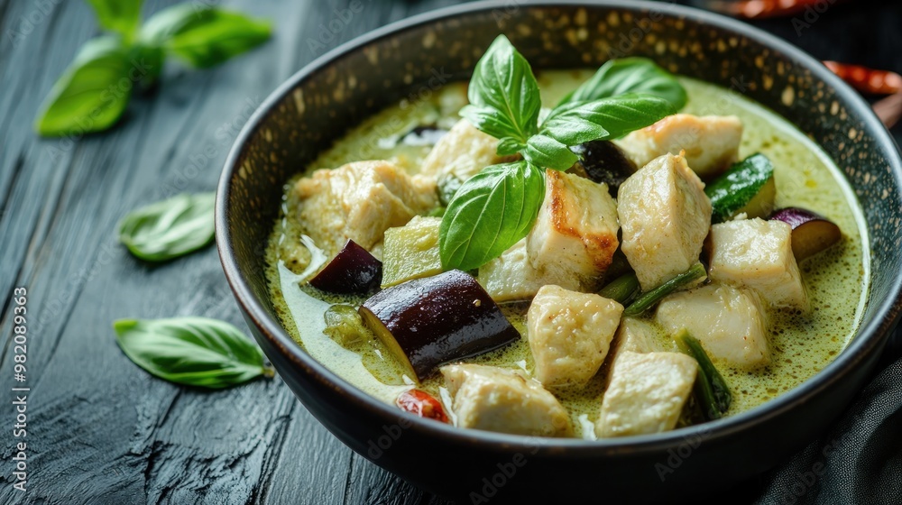 A bowl of green curry with chicken, vegetables, and basil leaves, showcasing vibrant colors.