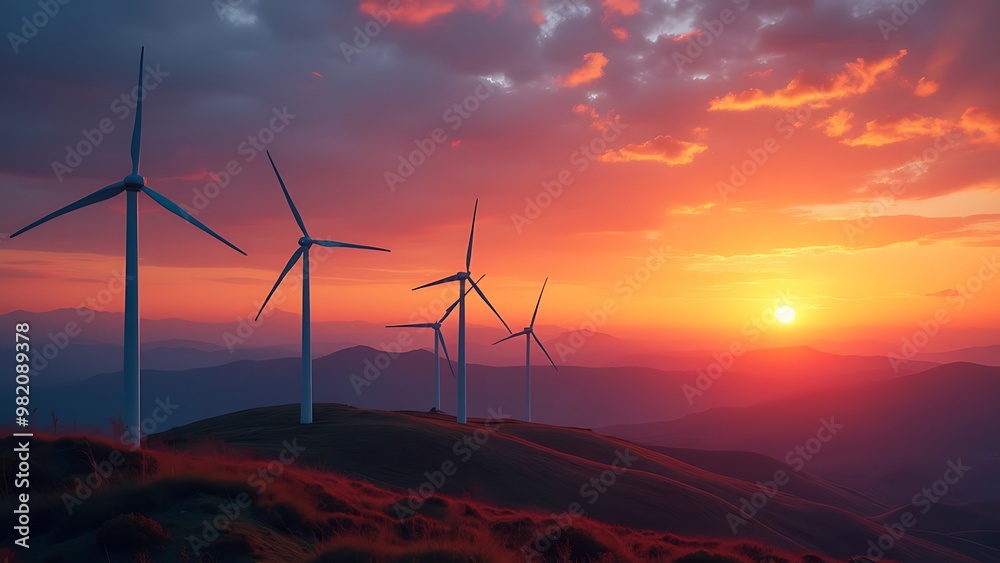 Wind turbines on a hillside during sunset create a stunning silhouette, highlighting the beauty of renewable energy and its harmony with nature in a serene landscape. Wind turbines on a hillside during sunset create a stunning silhouette, highlighting the beauty of renewable energy and its harmony with nature in a serene landscape.
