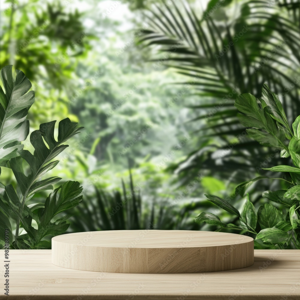 A wooden pedestal in a lush green environment, perfect for product display or nature-themed presentations. A wooden pedestal in a lush green environment, perfect for product display or nature-themed presentations.