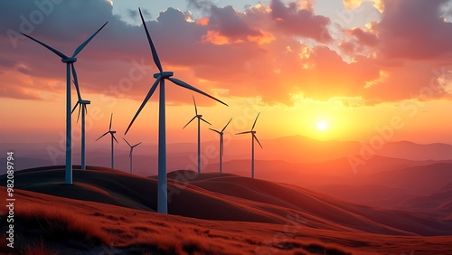 Wind turbines on a hillside during sunset create a stunning silhouette, highlighting the beauty of renewable energy and its harmony with nature in a serene landscape.