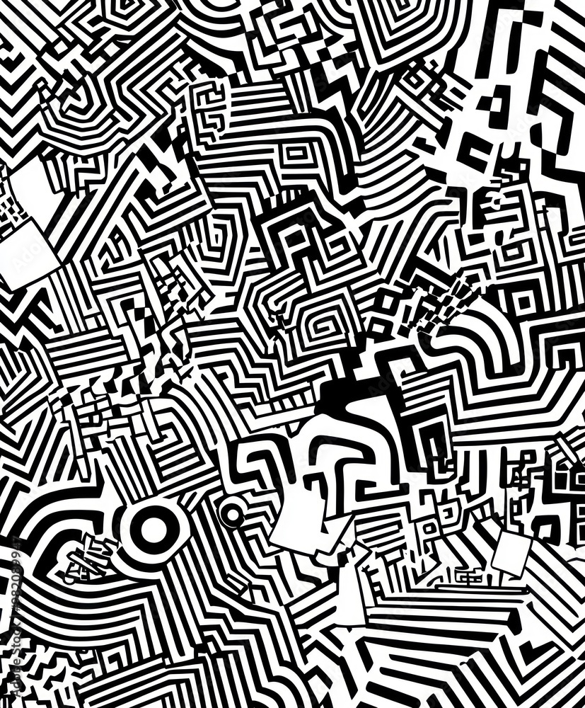 Abstract black and white maze-like pattern with intricate lines and shapes. Abstract black and white maze-like pattern with intricate lines and shapes.