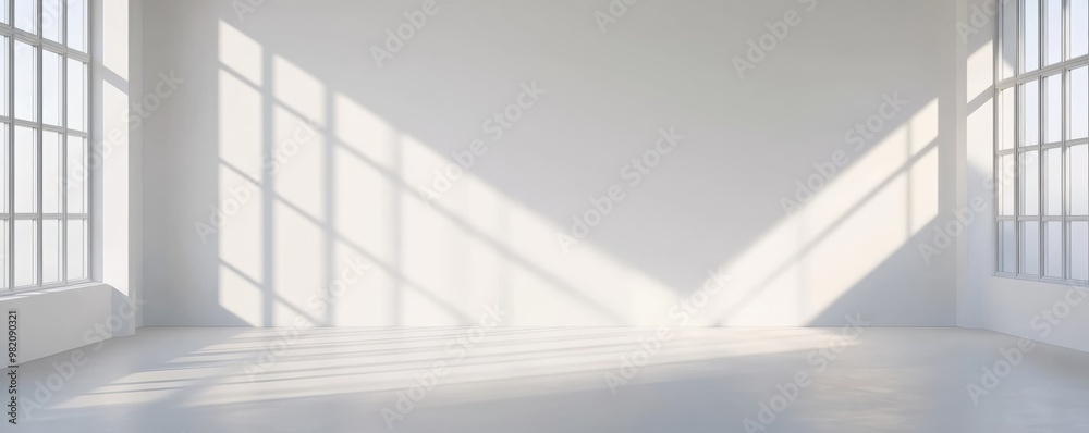 Bright, minimalistic interior with large windows and soft shadows, perfect for showcasing creativity and simplicity.