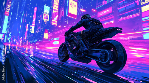 pixel art, A motorcycle rider speeding through a neon-light city