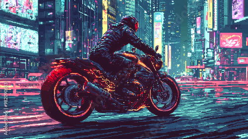 pixel art, A motorcycle rider speeding through a neon-light city
