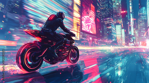 pixel art, A motorcycle rider speeding through a neon-light city