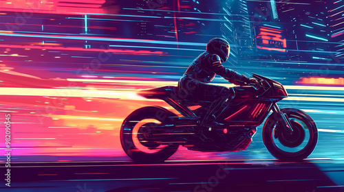 pixel art, A motorcycle rider speeding through a neon-light city