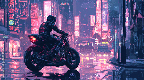 pixel art, A motorcycle rider speeding through a neon-light city