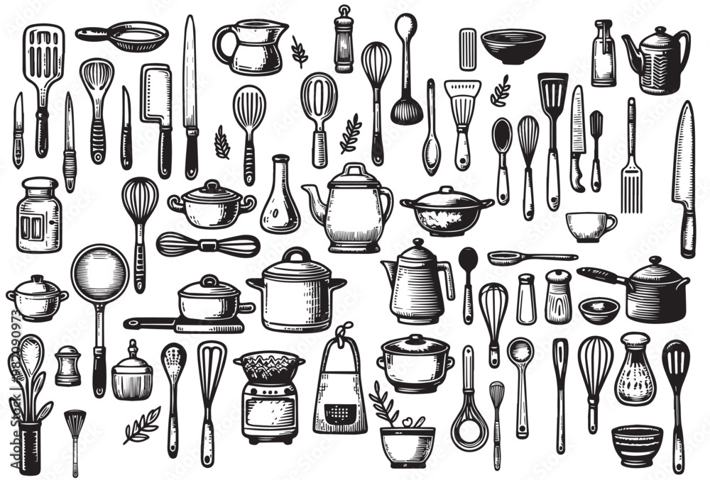 Fotografie kitchen tools doodle set