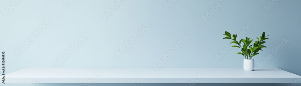 Minimalist interior with a white table, light blue wall, and a small potted plant, perfect for modern decor inspiration. Minimalist interior with a white table, light blue wall, and a small potted plant, perfect for modern decor inspiration.