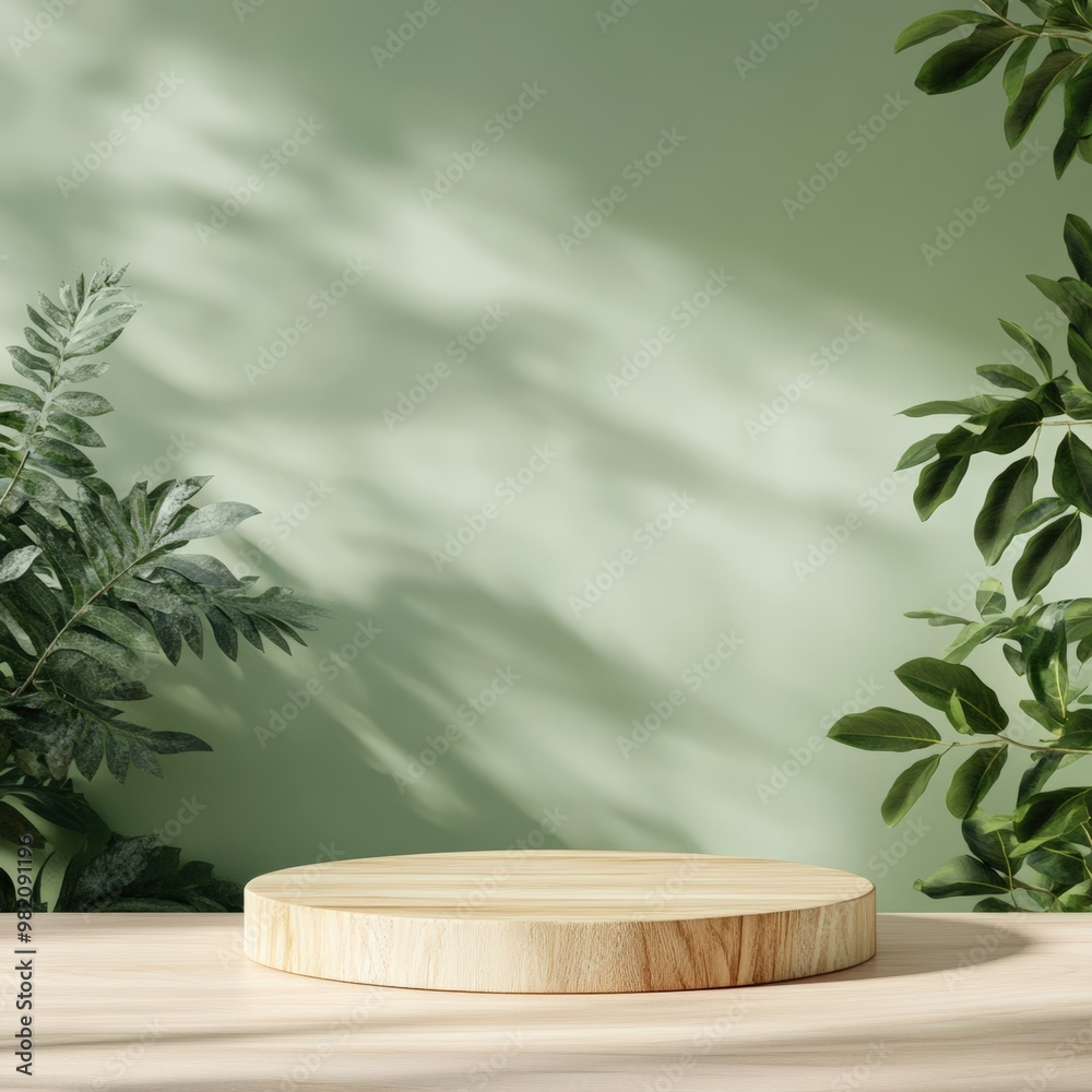Minimalistic wooden podium with soft shadows on a gentle green background, surrounded by vibrant greenery for elegant displays. Minimalistic wooden podium with soft shadows on a gentle green background, surrounded by vibrant greenery for elegant displays.