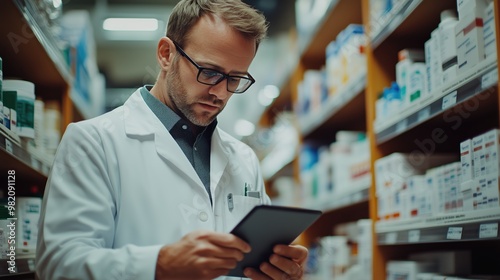 Pharmacist Reviewing Medication List on Tablet. Pharmacist in a white coat and glasses using a tablet to review medication details in a pharmacy filled with various medicines.