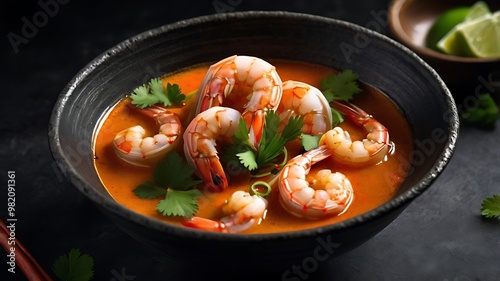 Shrimp Soup with Cilantro in a Black Bowl - Realistic Food Photography