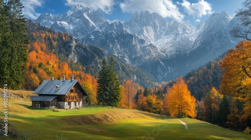 Rustic Logarska Dolina, nestled in the Slovenian Alps, transforms into a vibrant tapestry of autumn hues. photo
