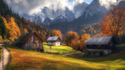 Rustic Logarska Dolina, nestled in the Slovenian Alps, transforms into a vibrant tapestry of autumn hues. photo