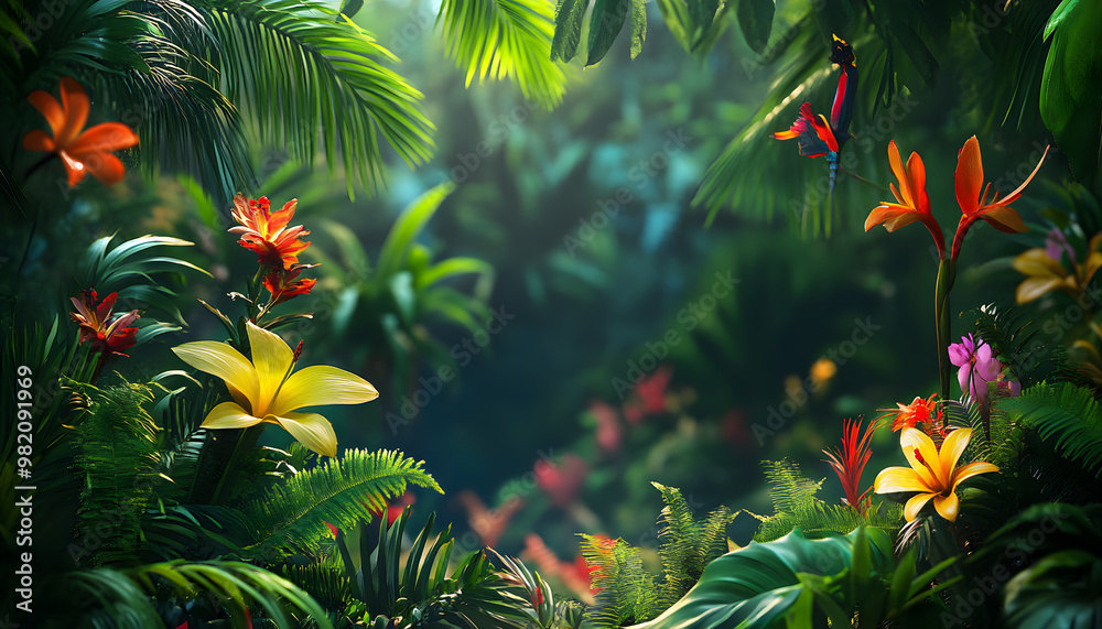 A lush jungle scene with vibrant green leaves and exotic flowers, bringing the warmth of the tropics to your screen